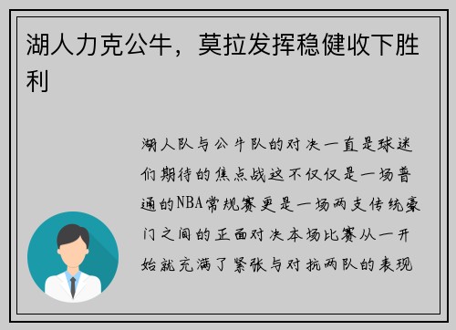 湖人力克公牛，莫拉发挥稳健收下胜利